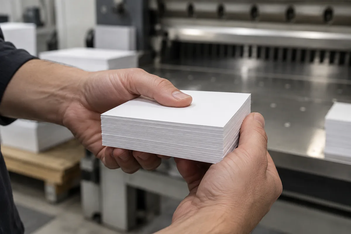 Mains tenant une pile de cartes de visite fraîchement coupées devant un massicot d&rsquo;atelier