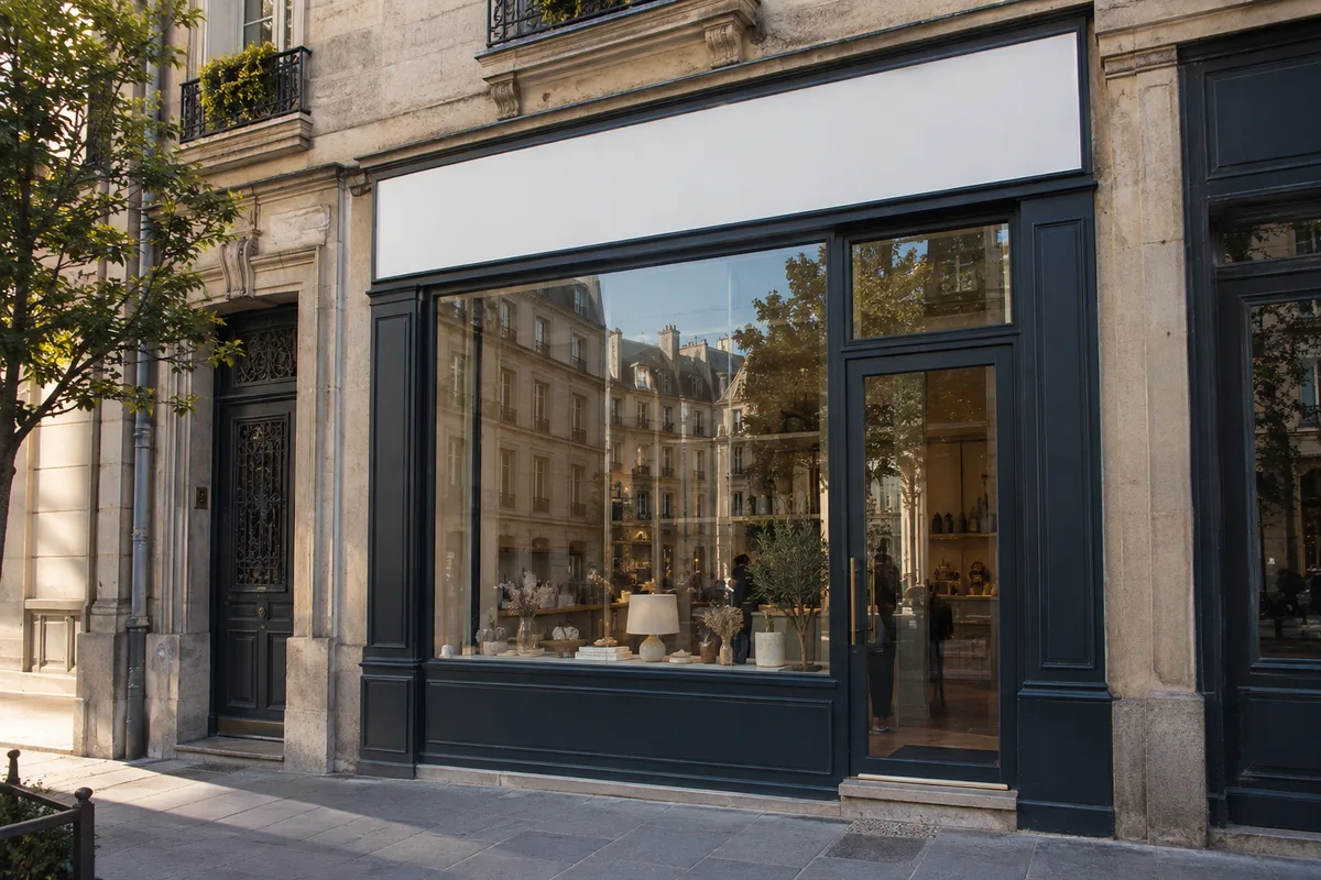 Vitrine de commerce vue depuis la rue avec un panneau uni fraîchement posé et le reflet des façades