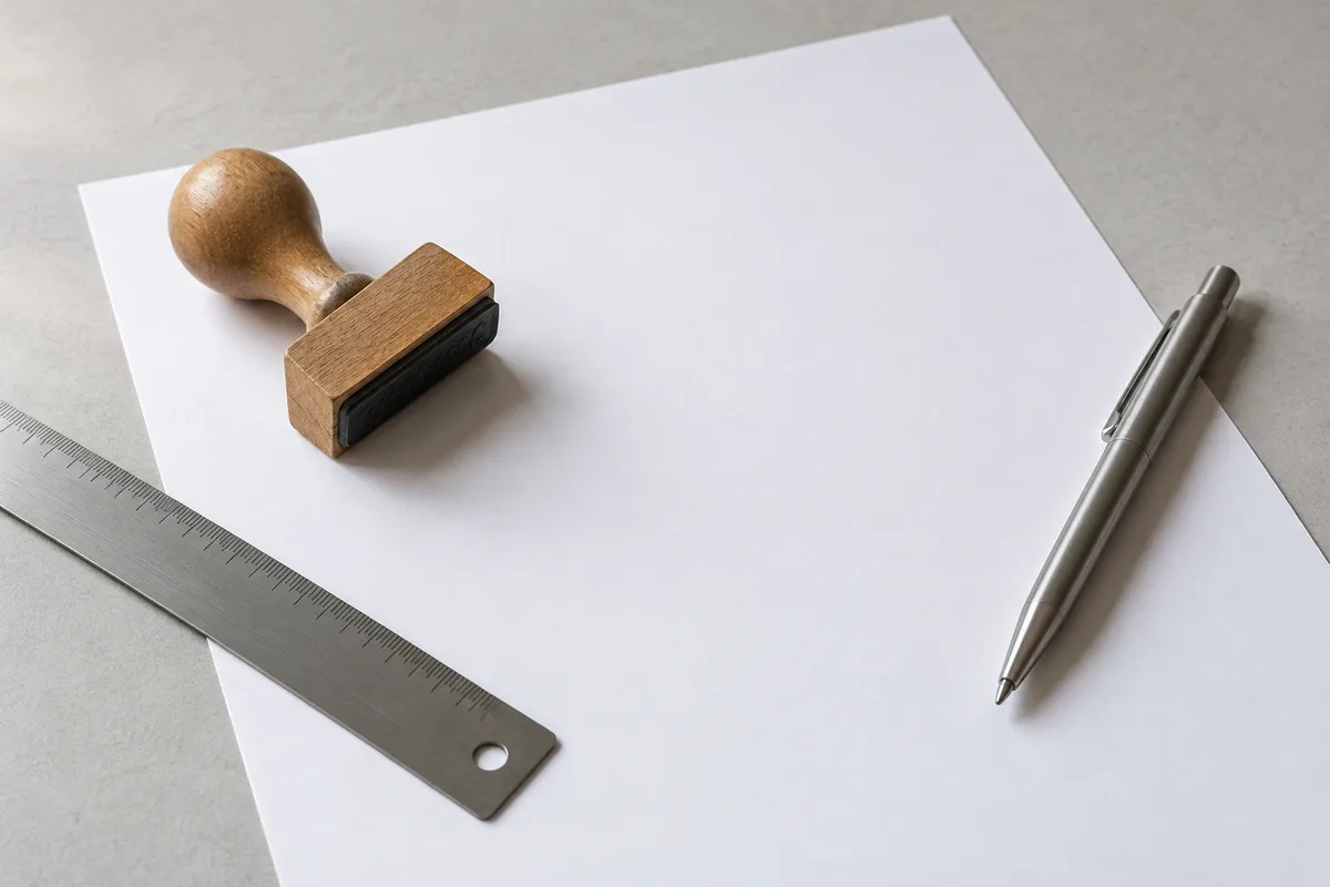 Tampon encreur, règle et stylo posés sur une feuille blanche vierge sur un bureau sobre