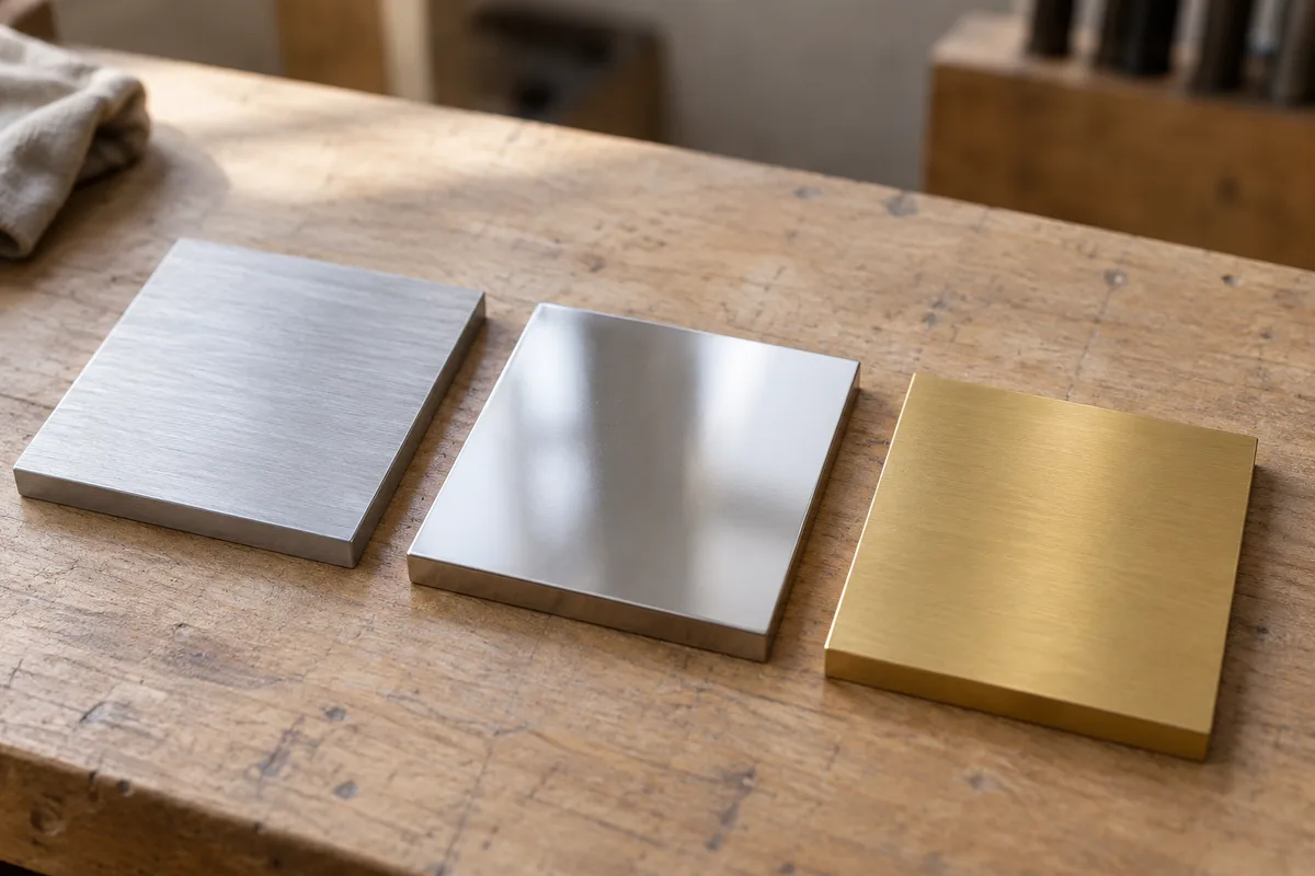 Trois échantillons carrés d&rsquo;aluminium brossé, d&rsquo;inox poli et de laiton posés sur un plan de travail