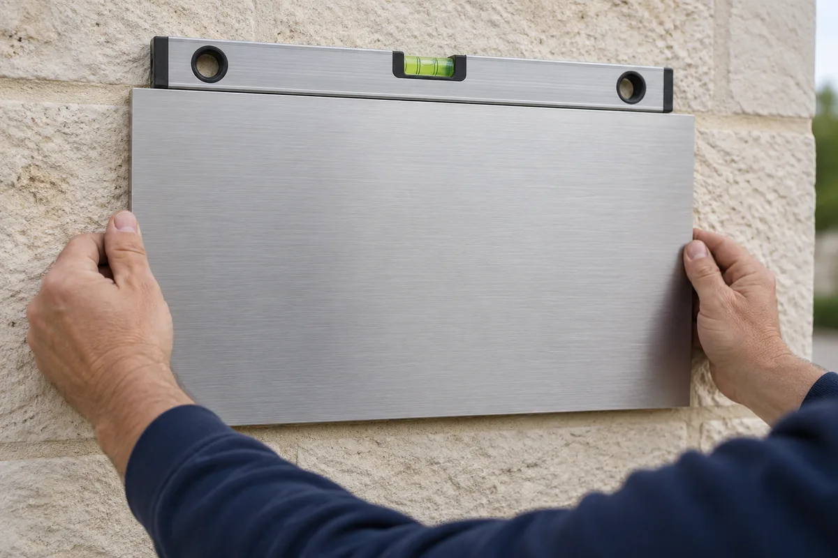 Mains tenant un panneau d&rsquo;aluminium brossé uni contre une façade, niveau à bulle posé sur le bord