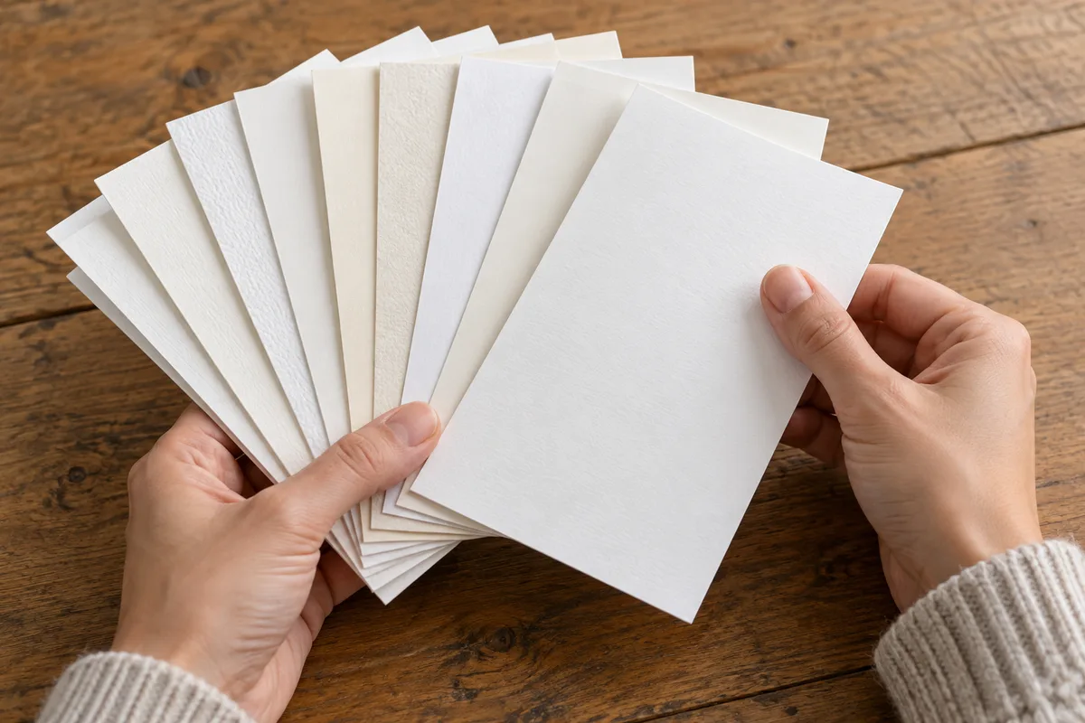 Mains feuilletant des échantillons de papier blancs et crème de différentes épaisseurs