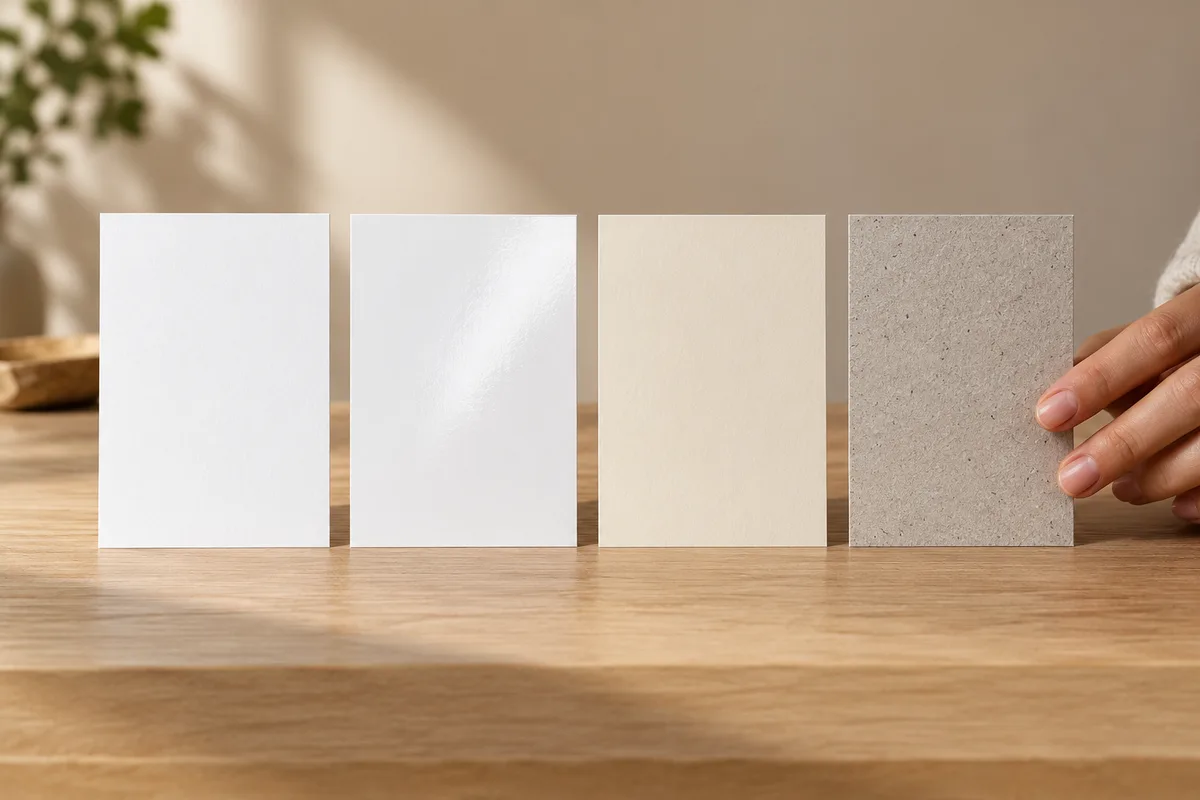 Échantillons de cartons unis mat, brillant, crème et recyclé alignés sur une table en bois clair