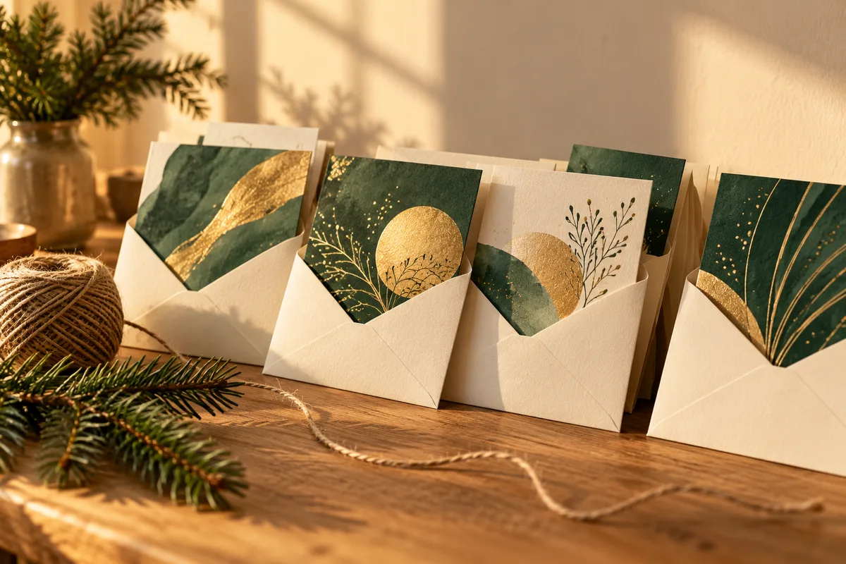 Cartes de vœux à motifs abstraits dorés à moitié glissées dans des enveloppes crème sur un comptoir en bois