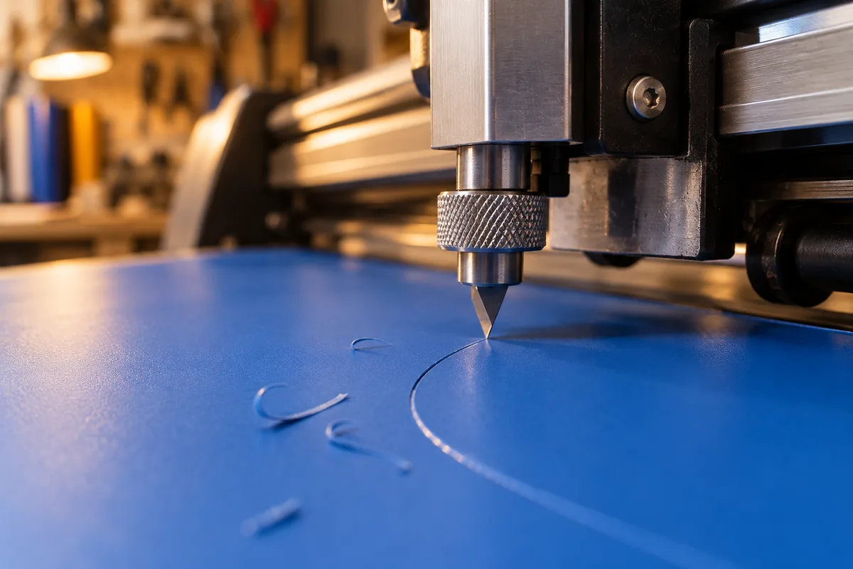 Lame d&rsquo;un traceur de découpe suivant un contour dans un vinyle bleu uni
