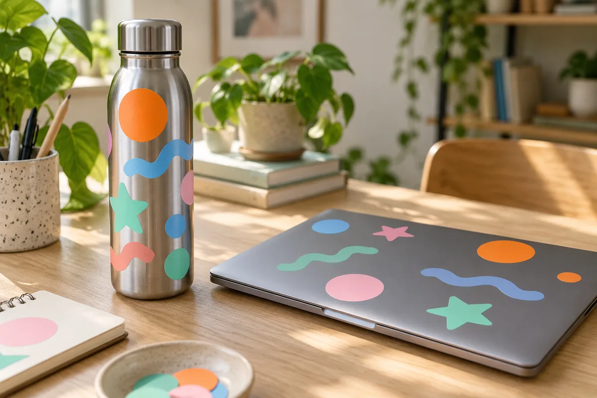 Gourde en inox et ordinateur portable fermé couverts d&rsquo;autocollants unis aux couleurs vives