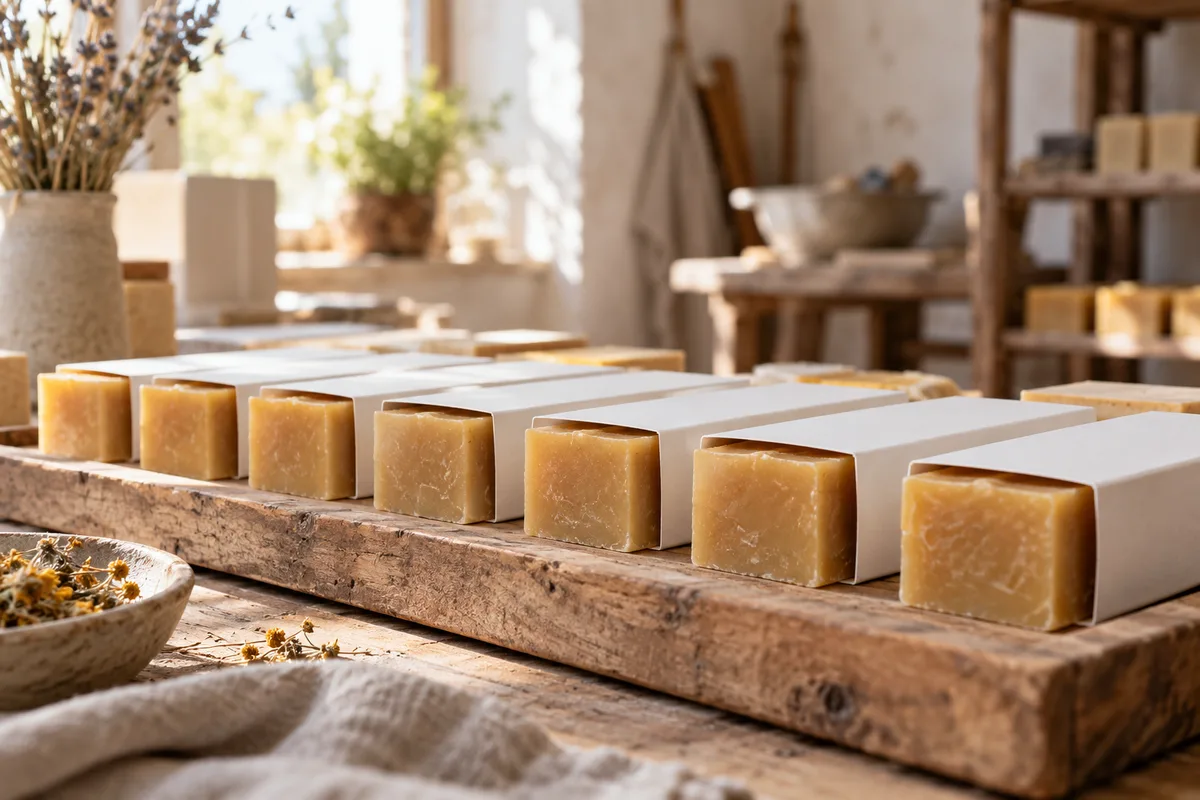 Savons artisanaux glissés dans des étuis en carton blanc, alignés sur un plateau en bois