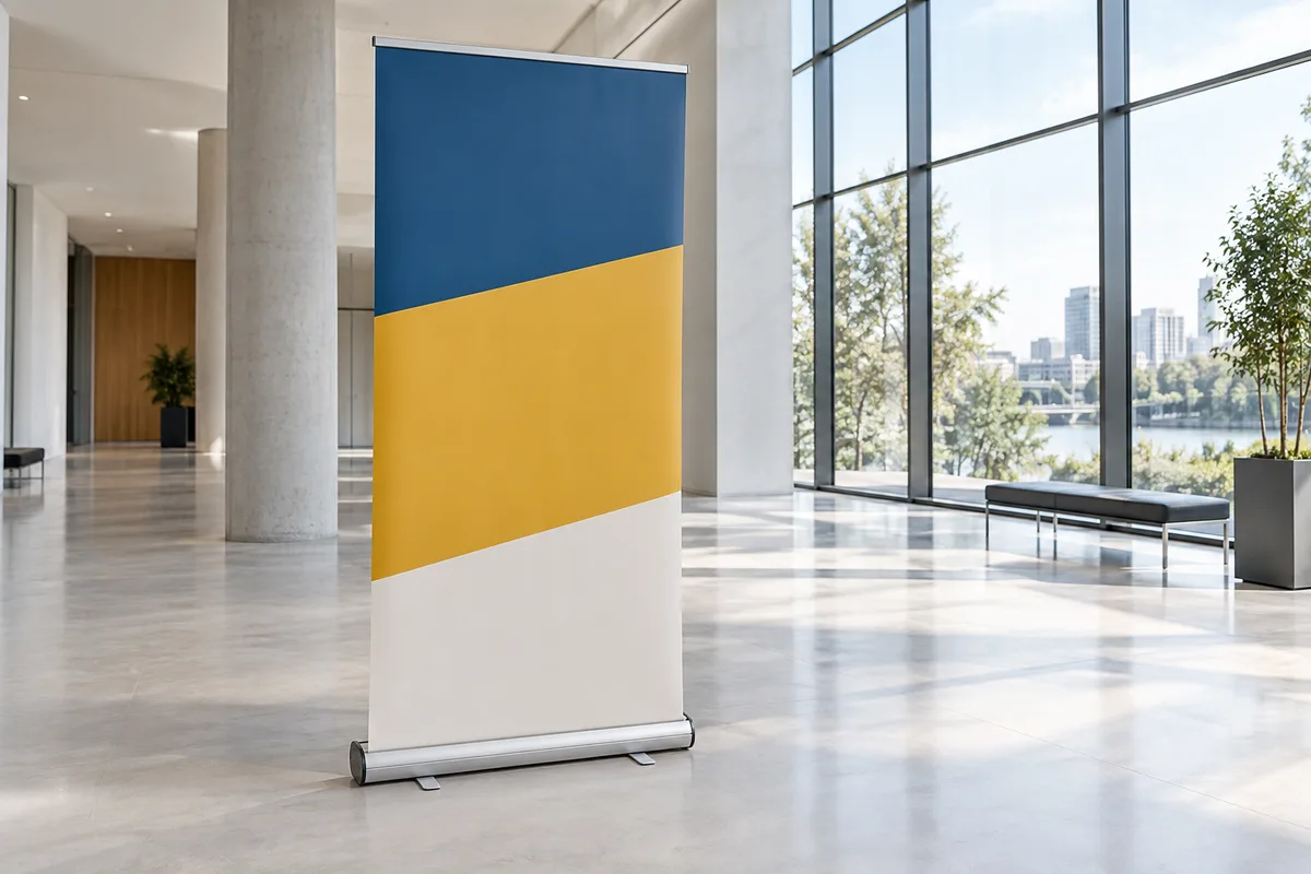 Roll-up publicitaire déployé dans un hall vide, socle en aluminium au premier plan