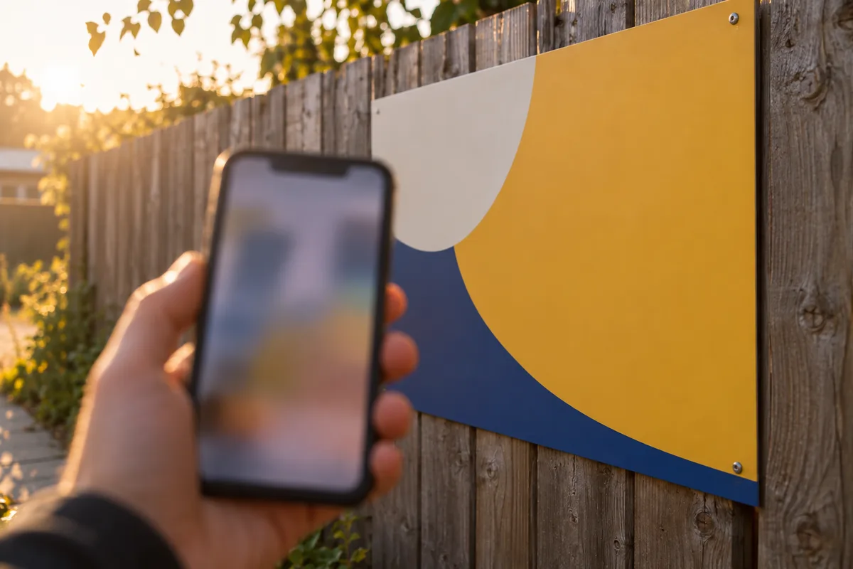 Main tenant un téléphone devant un panneau rigide fixé sur une palissade en bois