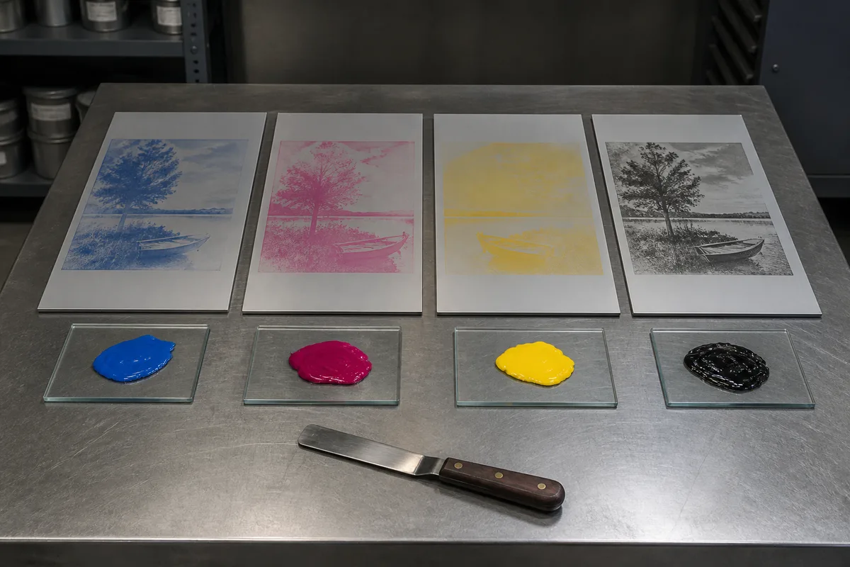 Quatre plaques offset teintées de cyan, magenta, jaune et noir posées côte à côte sur un plan de travail d&rsquo;atelier