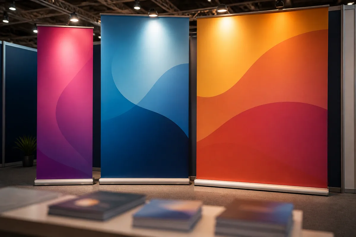 Trois roll-ups alignés en fond de stand lors d&rsquo;un salon professionnel, lumière rasante