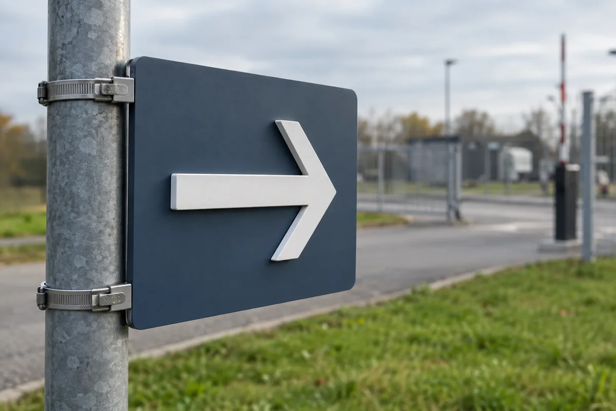 Panneau directionnel en dibond avec pictogramme de flèche fixé à l&rsquo;entrée d&rsquo;un site