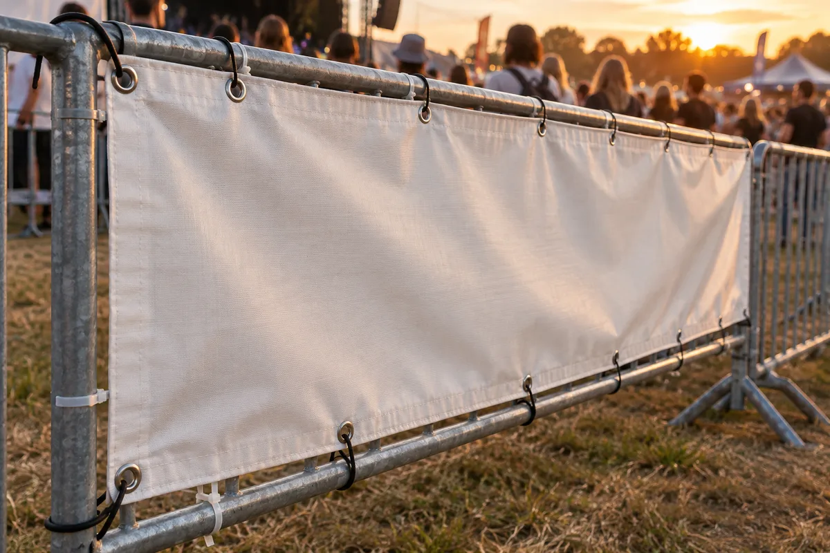 Banderole tendue sur une barrière de festival en fin de journée