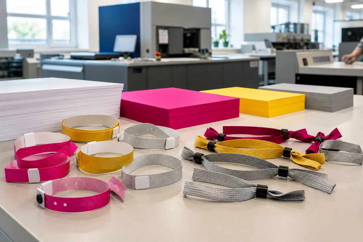 Bracelets événementiels en tyvek et en tissu tissé disposés sur une table d&rsquo;accueil