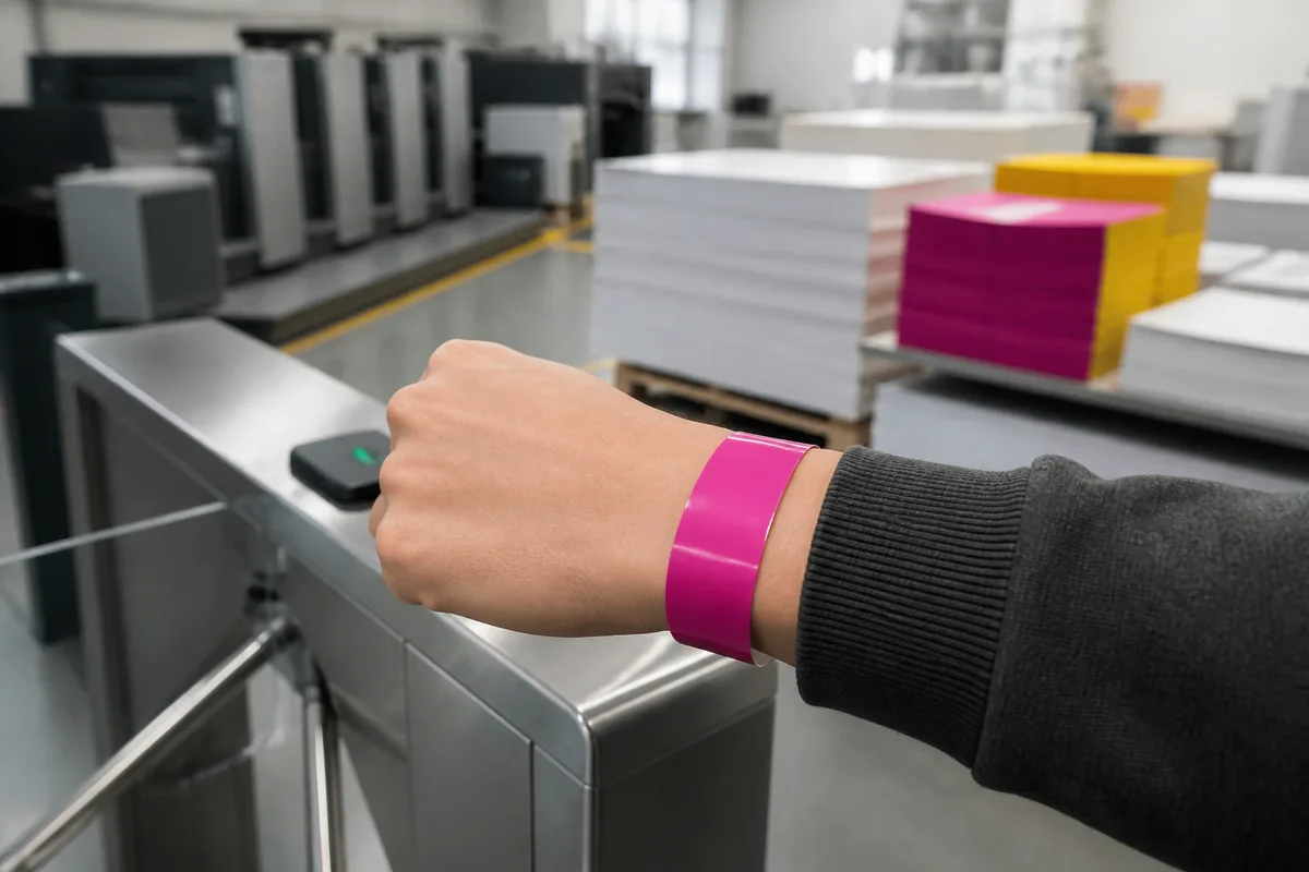 Bracelet vinyle fermé au poignet d&rsquo;un visiteur devant un point de contrôle