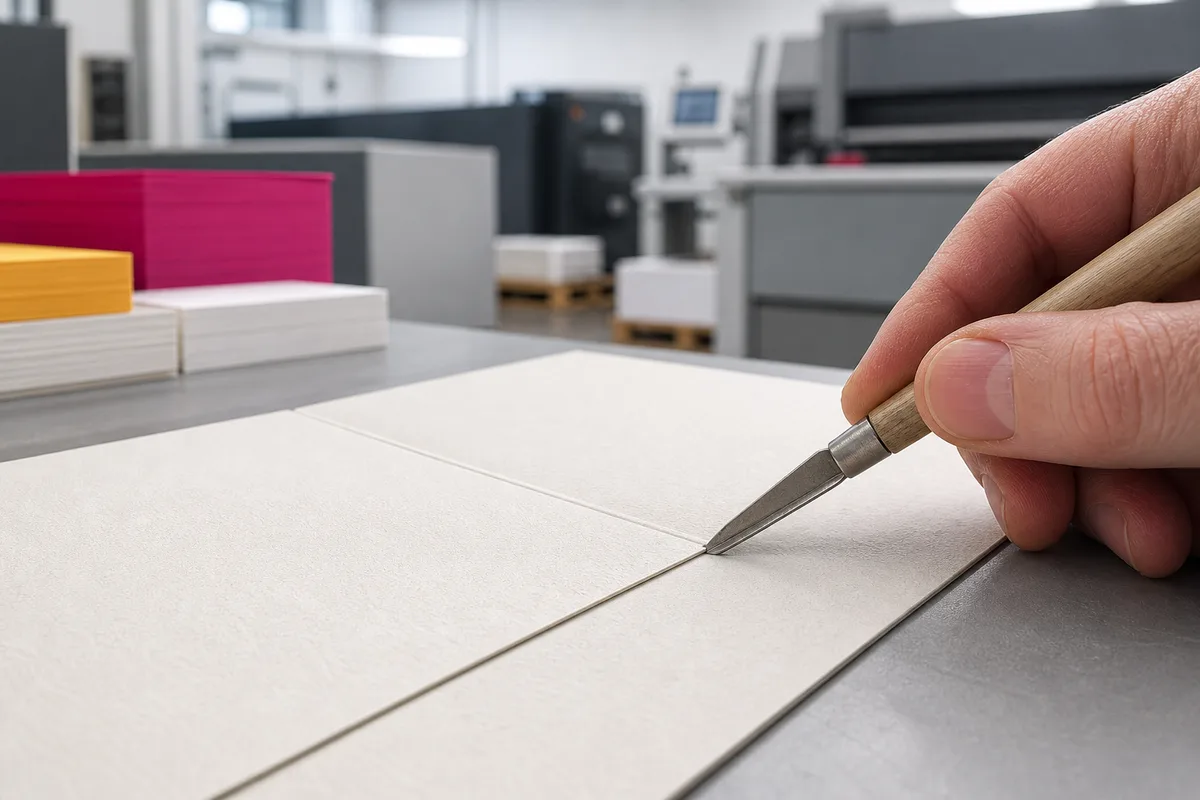 Détail du rainage d’une carte épaisse avant pliage sur un plan de travail d’atelier