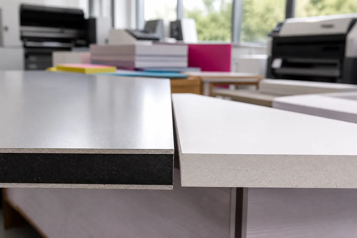 Détail de la tranche d&rsquo;un panneau composite aluminium et d&rsquo;un carton plume découpé