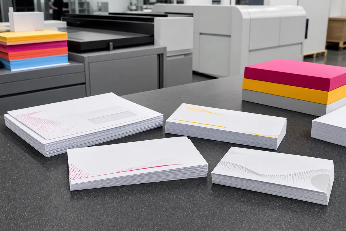 Enveloppes DL et C5 personnalisées empilées sur un bureau avec en-tête imprimé