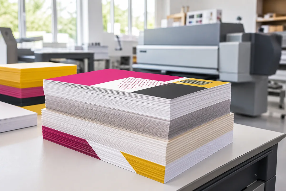 Pile de flyers imprimés de différents grammages posée sur une table d&rsquo;atelier