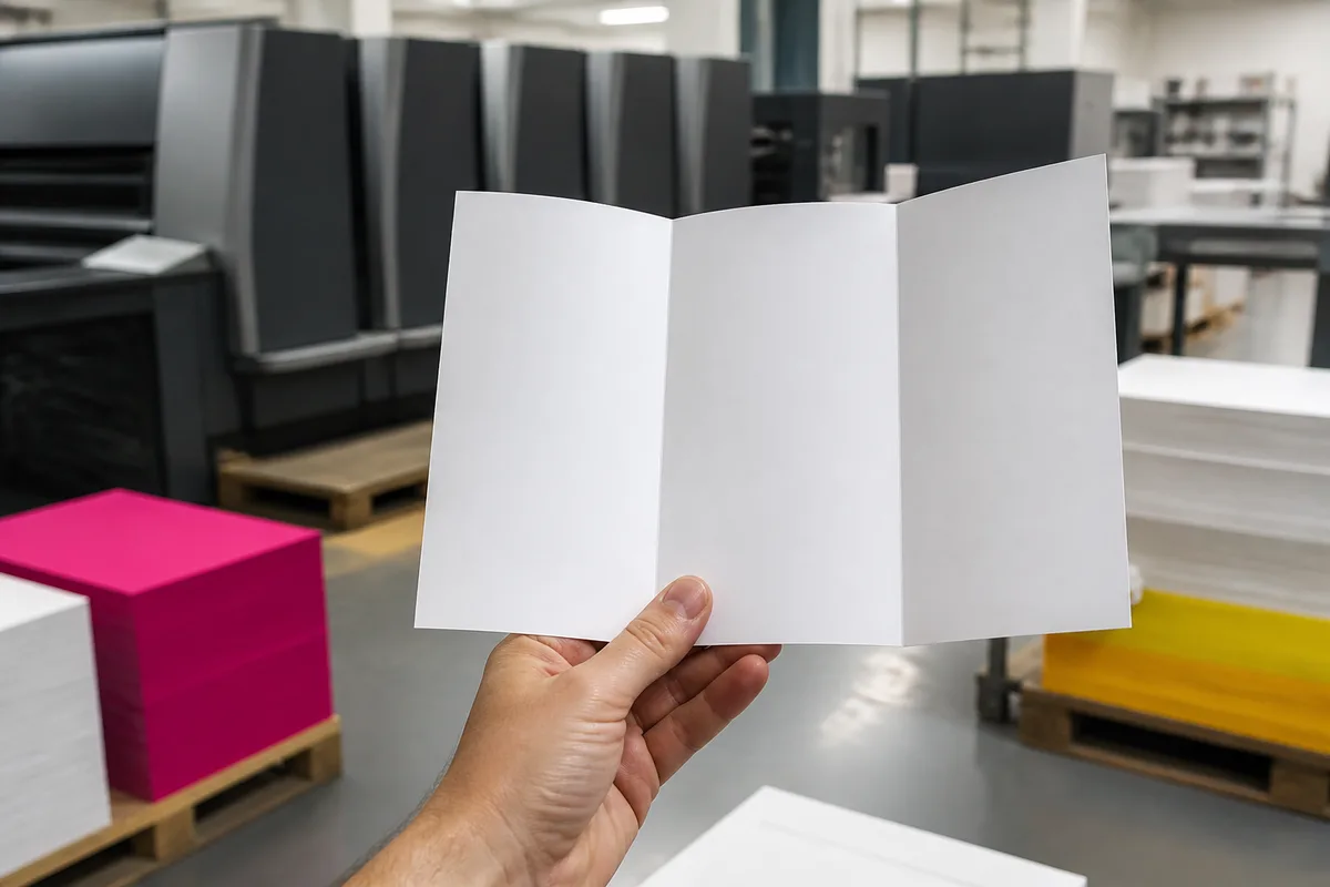 Gros plan sur une main tenant un flyer couché mat rainé et plié en trois volets