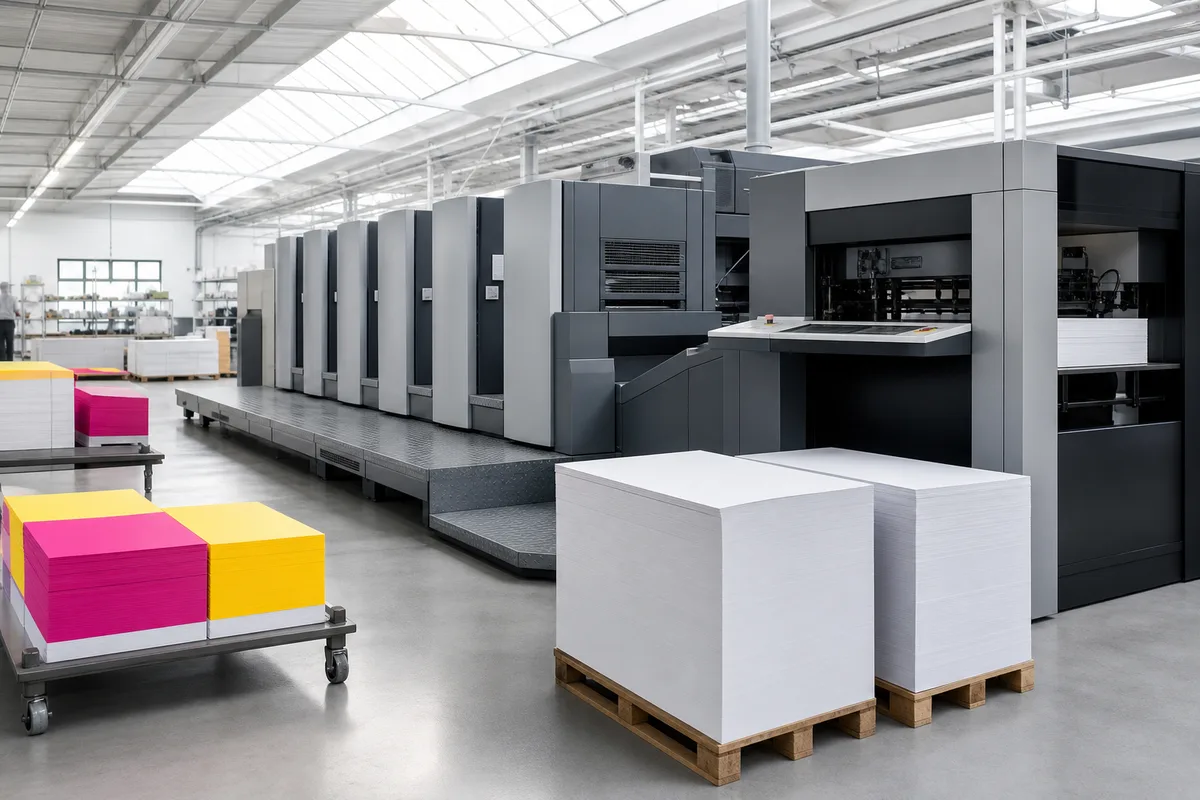 Presse offset en fonctionnement, feuilles imprimées sortant du groupe d'impression