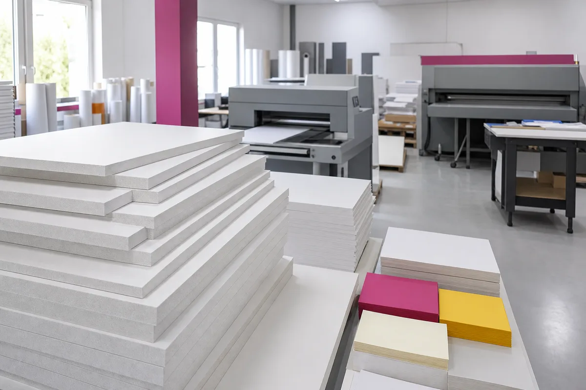 Panneaux PVC blancs de différentes épaisseurs empilés dans un atelier de découpe
