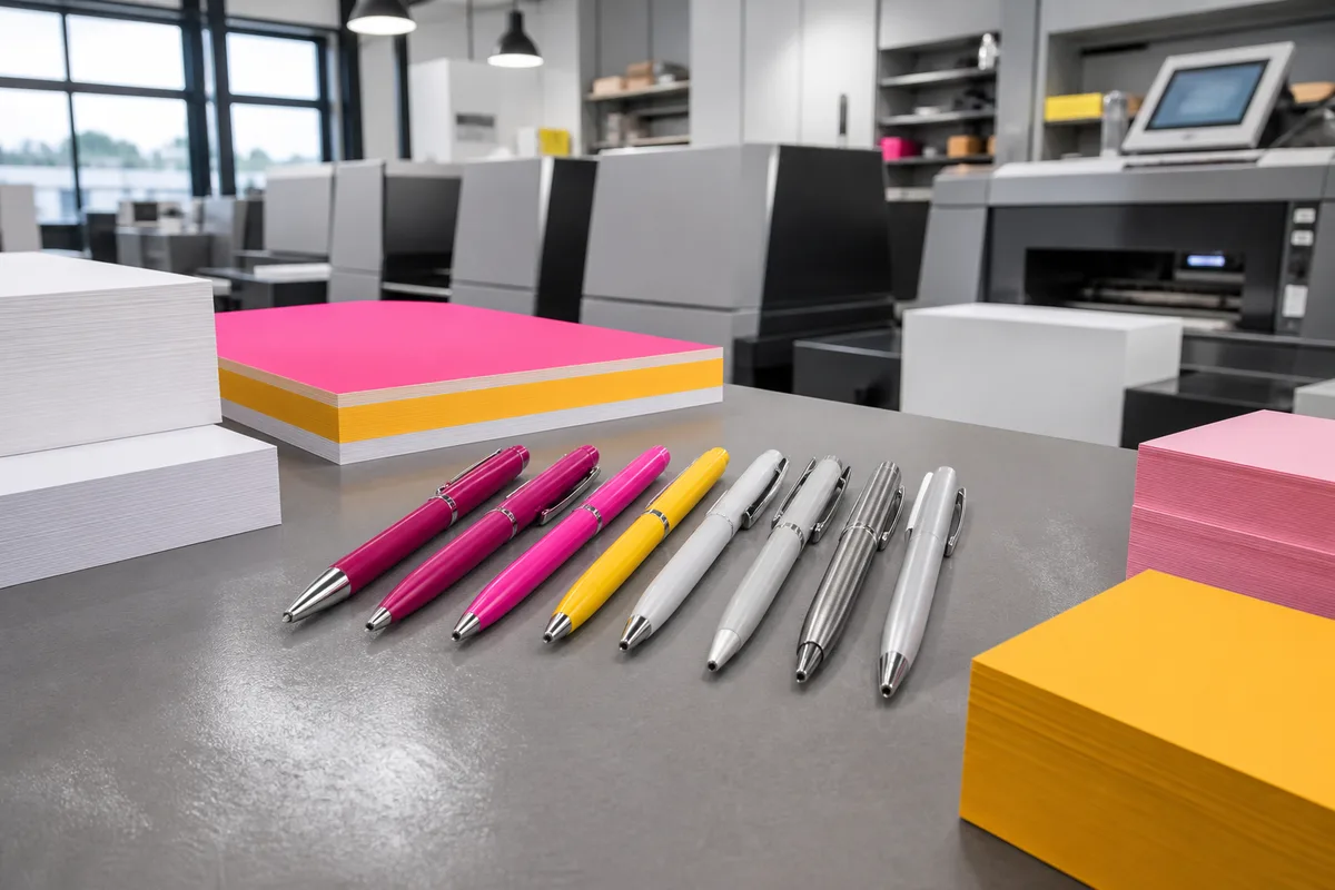 Stylos publicitaires en plastique et en métal alignés sur un plan de travail