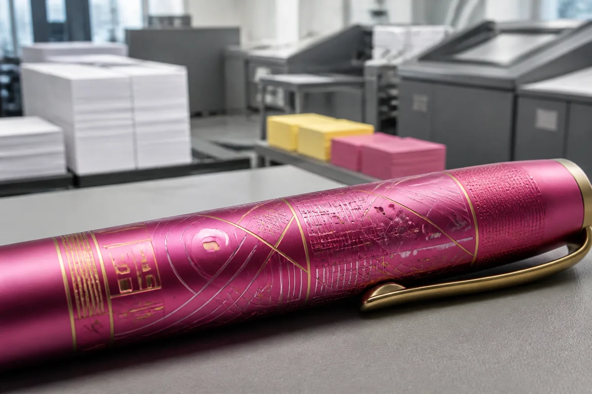 Détail d&rsquo;un marquage gravé au laser sur le corps métallique d&rsquo;un stylo